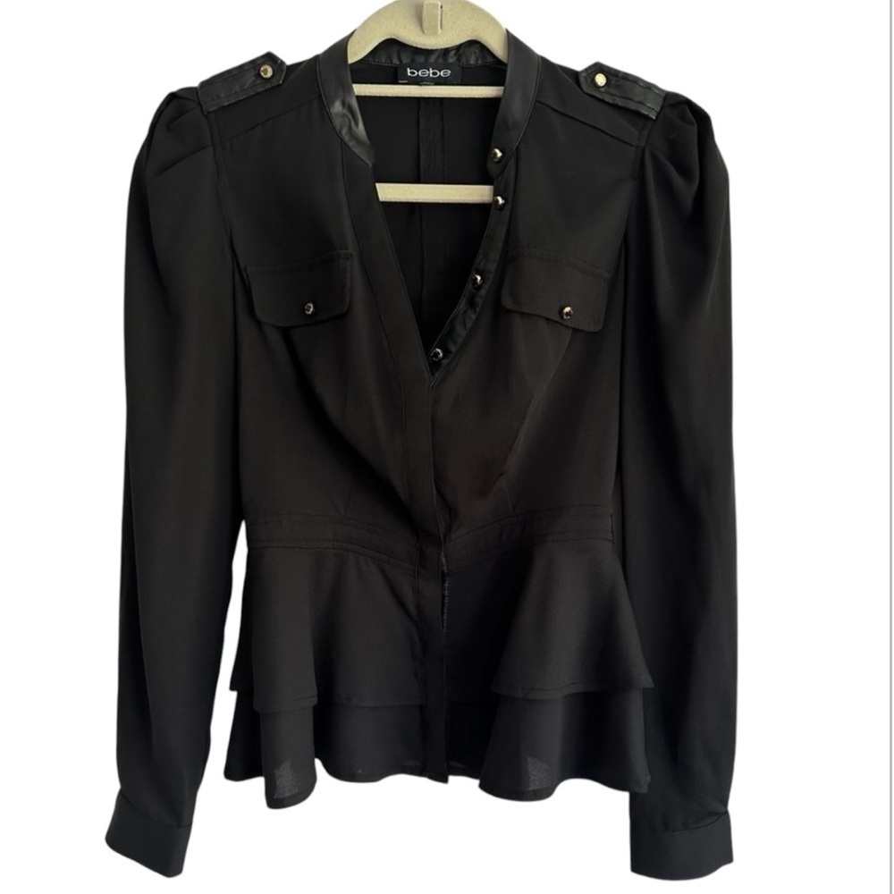 New Bebe Peplum Blouse Gothic Military Style Epaulet Black Long Sleeve Top XXS